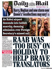 Daily Mail (UK) Newspaper Front Page for 19 August 2021