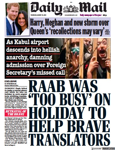 Daily Mail Newspaper Front Page (UK) for 19 August 2021