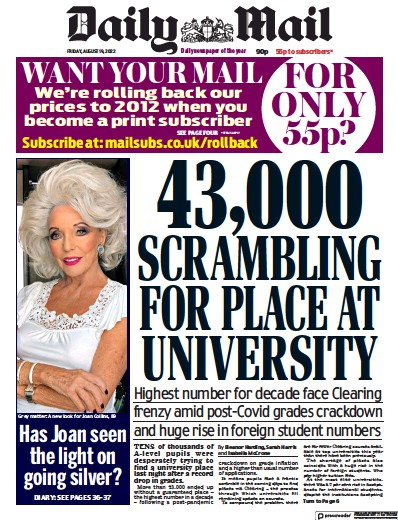 Daily Mail Newspaper Front Page (UK) for 19 August 2022