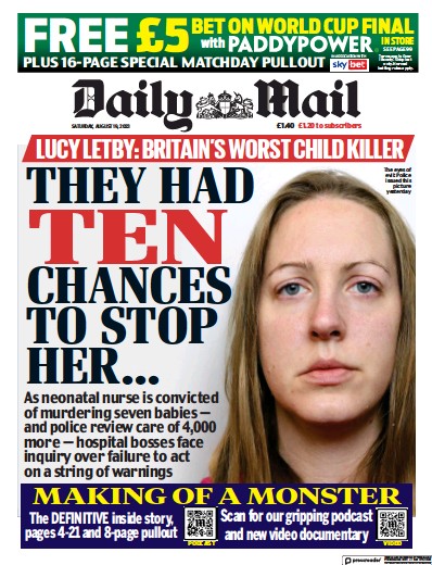 Daily Mail Newspaper Front Page (UK) for 19 August 2023