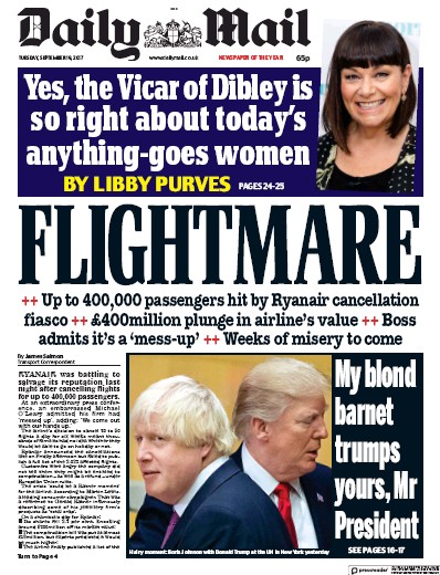 Daily Mail Newspaper Front Page (UK) for 19 September 2017