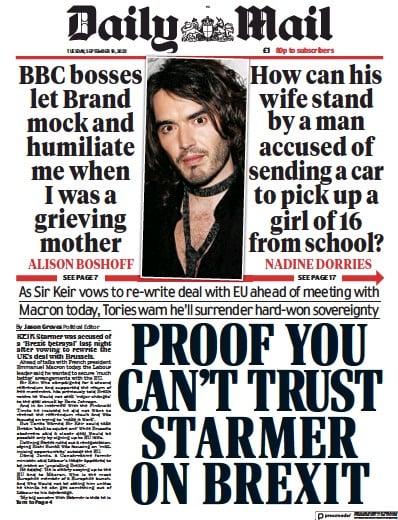 Daily Mail Newspaper Front Page (UK) for 19 September 2023
