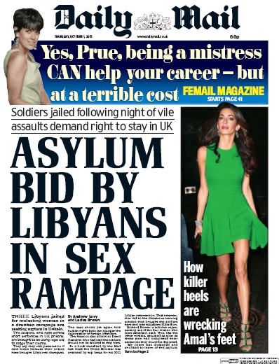 Daily Mail Newspaper Front Page (UK) for 1 October 2015
