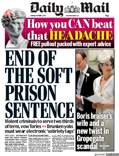Daily Mail Newspaper Front Page (UK) for 1 October 2019