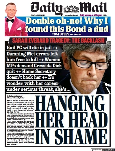 Daily Mail Newspaper Front Page (UK) for 1 October 2021