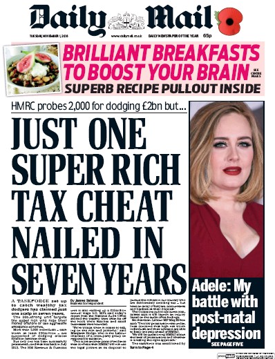 Daily Mail Newspaper Front Page (UK) for 1 November 2016