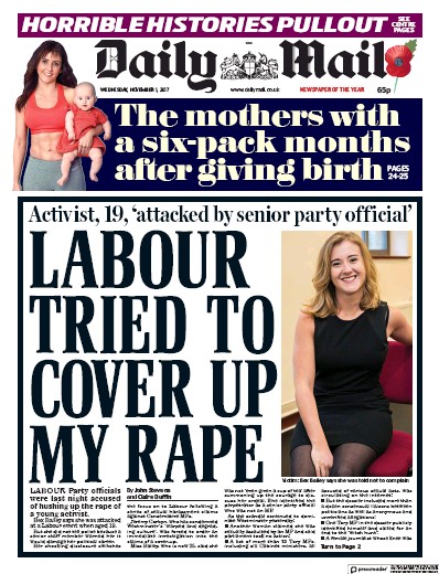 Daily Mail Newspaper Front Page (UK) for 1 November 2017
