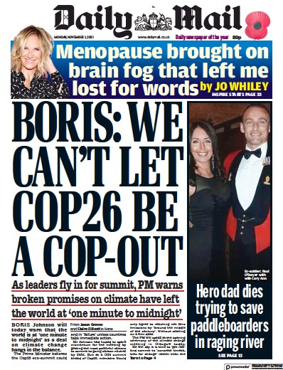 Daily Mail Newspaper Front Page (UK) for 1 November 2021