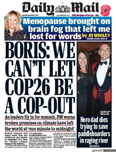 Daily Mail Newspaper Front Page (UK) for 1 November 2021