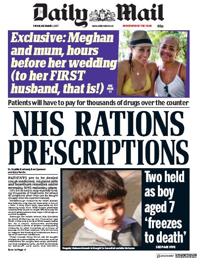 Daily Mail Newspaper Front Page (UK) for 1 December 2017