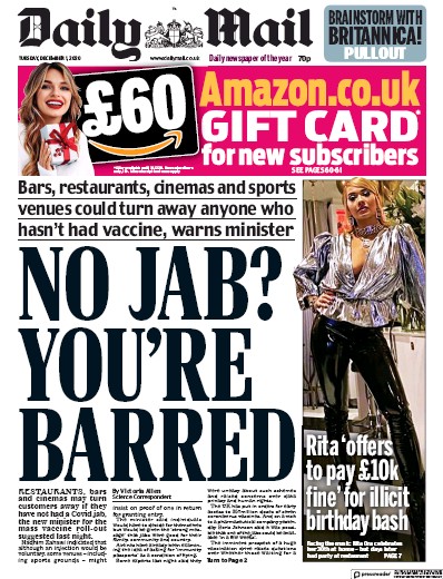 Daily Mail Newspaper Front Page (UK) for 1 December 2020