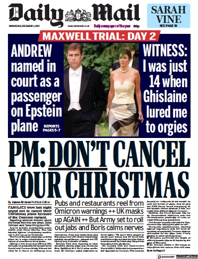 Daily Mail Newspaper Front Page (UK) for 1 December 2021