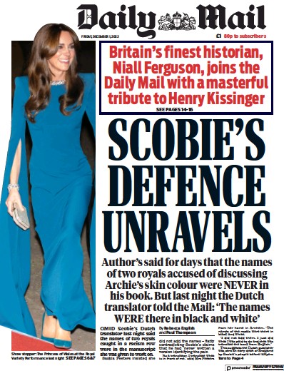 Daily Mail Newspaper Front Page (UK) for 1 December 2023