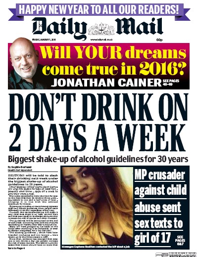 Daily Mail Newspaper Front Page (UK) for 1 January 2016