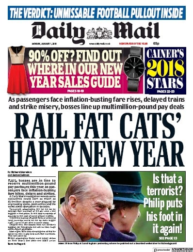 Daily Mail Newspaper Front Page (UK) for 1 January 2018