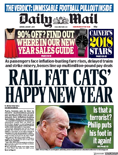 Daily Mail Newspaper Front Page (UK) for 1 January 2018