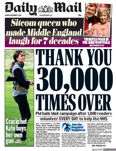 Daily Mail Newspaper Front Page (UK) for 1 January 2019