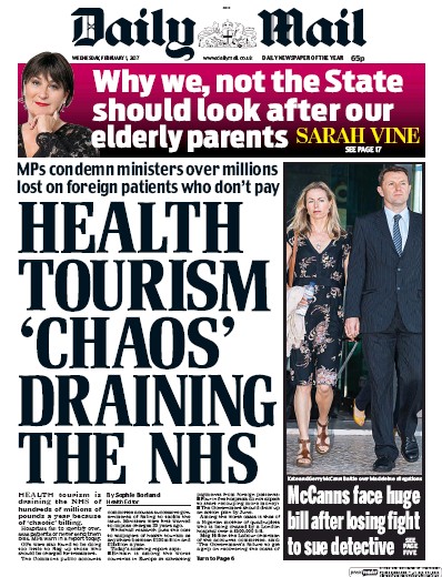 Daily Mail Newspaper Front Page (UK) for 1 February 2017