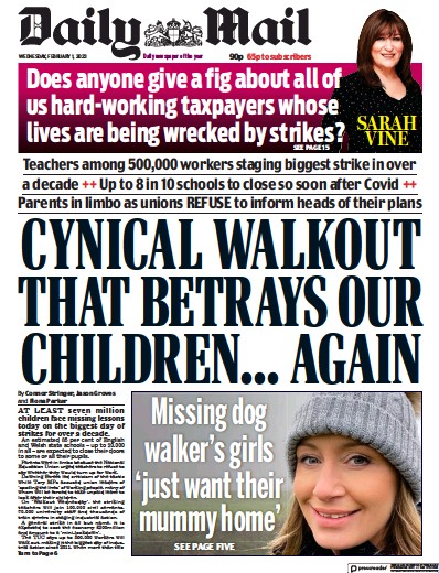 Daily Mail Newspaper Front Page (UK) for 1 February 2023