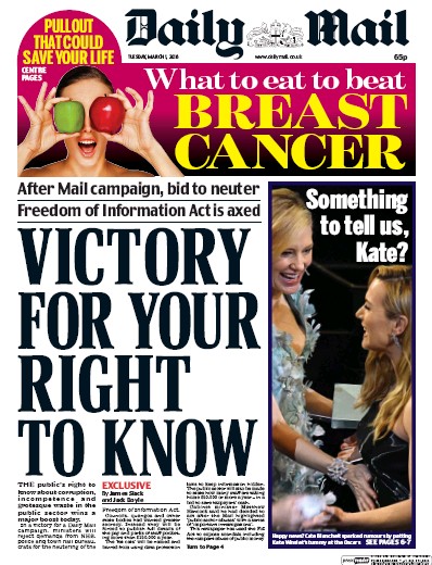Daily Mail Newspaper Front Page (UK) for 1 March 2016