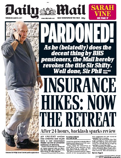 Daily Mail Newspaper Front Page (UK) for 1 March 2017