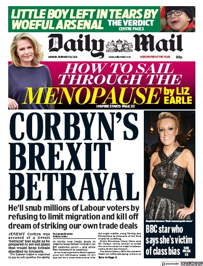 Daily Mail Newspaper Front Page (UK) for 1 March 2018