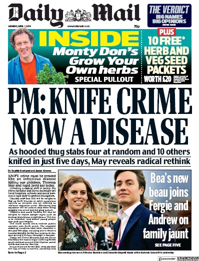 Daily Mail Newspaper Front Page (UK) for 1 April 2019