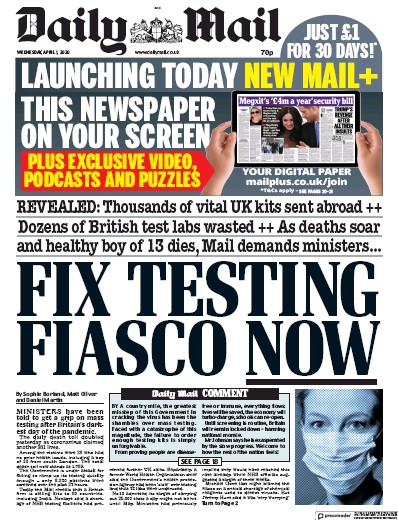 Daily Mail Newspaper Front Page (UK) for 1 April 2020