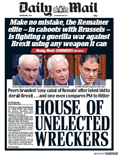 Daily Mail Newspaper Front Page (UK) for 1 May 2018