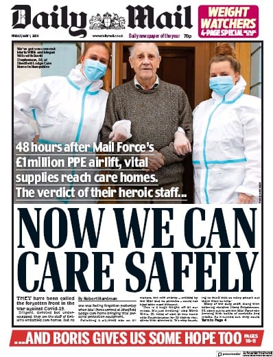Daily Mail Newspaper Front Page (UK) for 1 May 2020