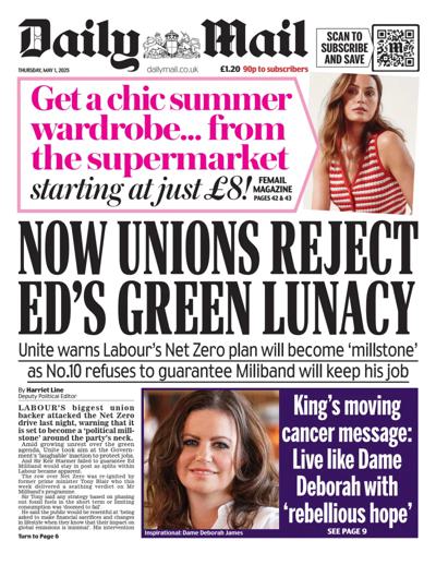 Daily Mail Newspaper Front Page (UK) for 1 May 2025