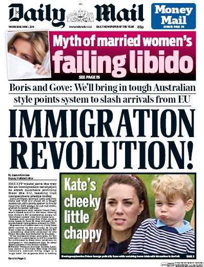 Daily Mail Newspaper Front Page (UK) for 1 June 2016