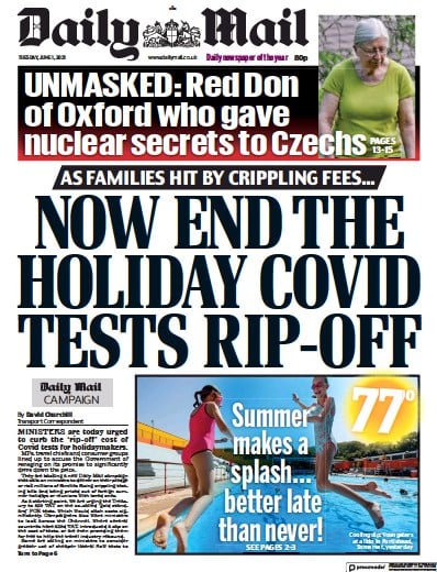 Daily Mail Newspaper Front Page (UK) for 1 June 2021