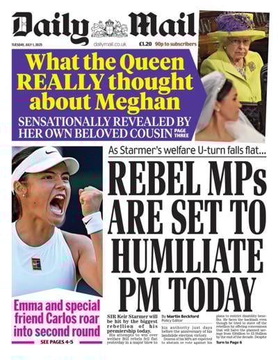 Daily Mail Newspaper Front Page (UK) for 1 July 2025