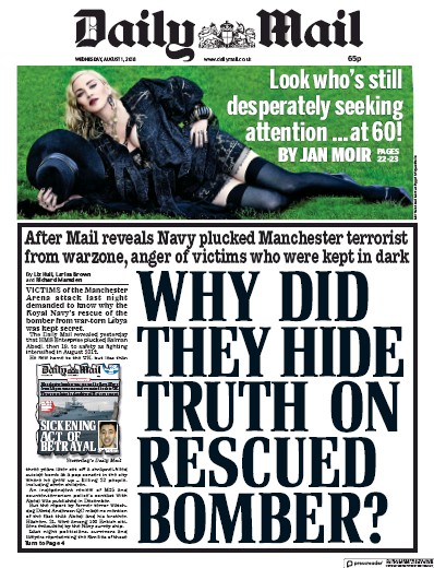 Daily Mail Newspaper Front Page (UK) for 1 August 2018