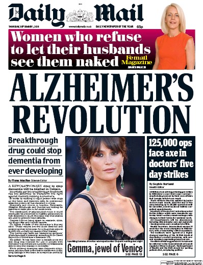 Daily Mail Newspaper Front Page (UK) for 1 September 2016