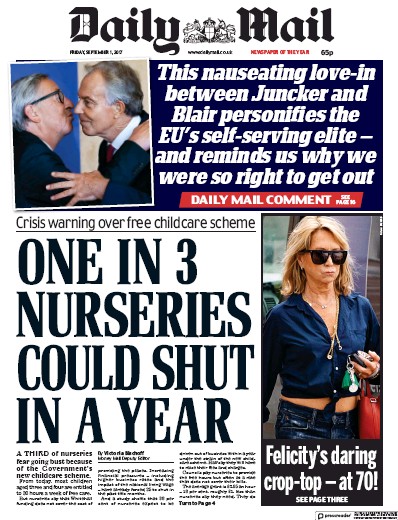 Daily Mail Newspaper Front Page (UK) for 1 September 2017