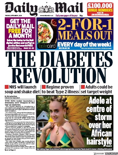 Daily Mail Newspaper Front Page (UK) for 1 September 2020