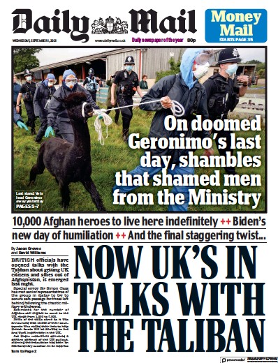 Daily Mail Newspaper Front Page (UK) for 1 September 2021
