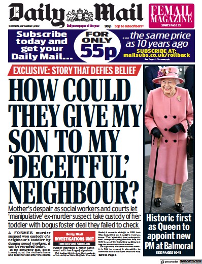 Daily Mail Newspaper Front Page (UK) for 1 September 2022