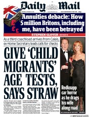 Daily Mail (UK) Newspaper Front Page for 20 October 2016