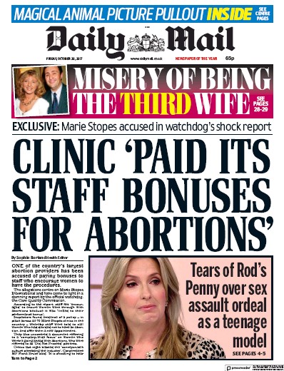Daily Mail Newspaper Front Page (UK) for 20 October 2017