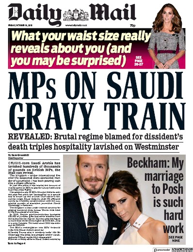 Daily Mail Newspaper Front Page (UK) for 20 October 2018