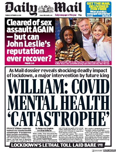 Daily Mail Newspaper Front Page (UK) for 20 October 2020
