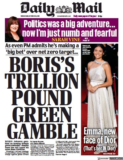 Daily Mail Newspaper Front Page (UK) for 20 October 2021