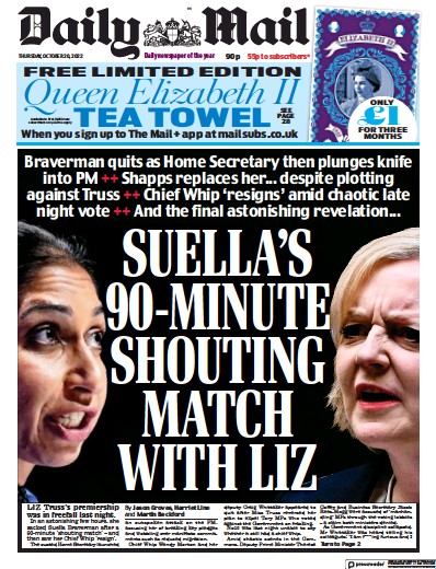 Daily Mail Newspaper Front Page (UK) for 20 October 2022
