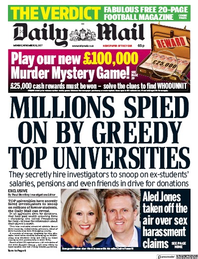Daily Mail Newspaper Front Page (UK) for 20 November 2017