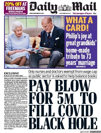 Daily Mail Newspaper Front Page (UK) for 20 November 2020