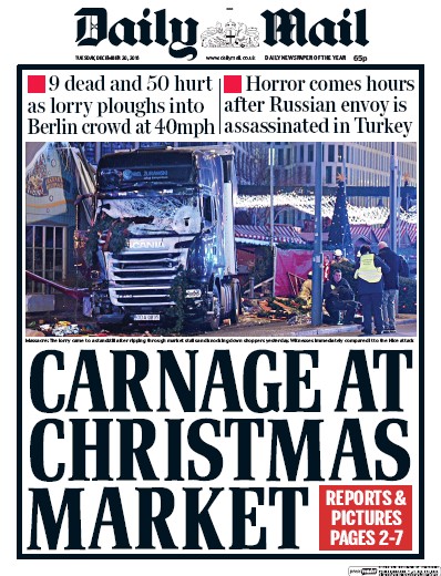 Daily Mail Newspaper Front Page (UK) for 20 December 2016