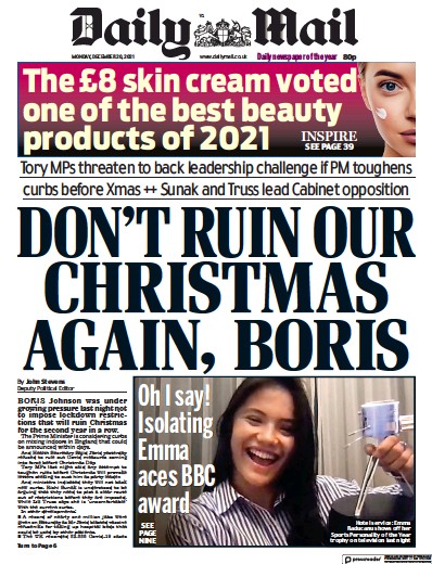 Daily Mail Newspaper Front Page (UK) for 20 December 2021